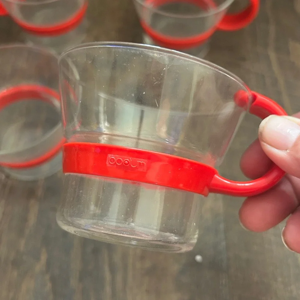 Vintage 80s Bodum Bistro Espresso Cups Set of 4 Red Handle Glass Demitasse